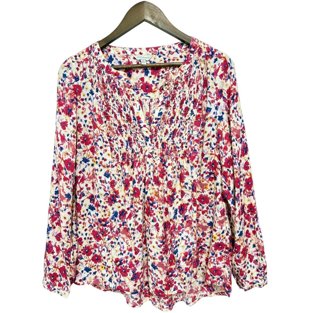 Lucky Brand Womens L Floral Blouse 100% Viscose Smocked Boho Long Sleeve Top